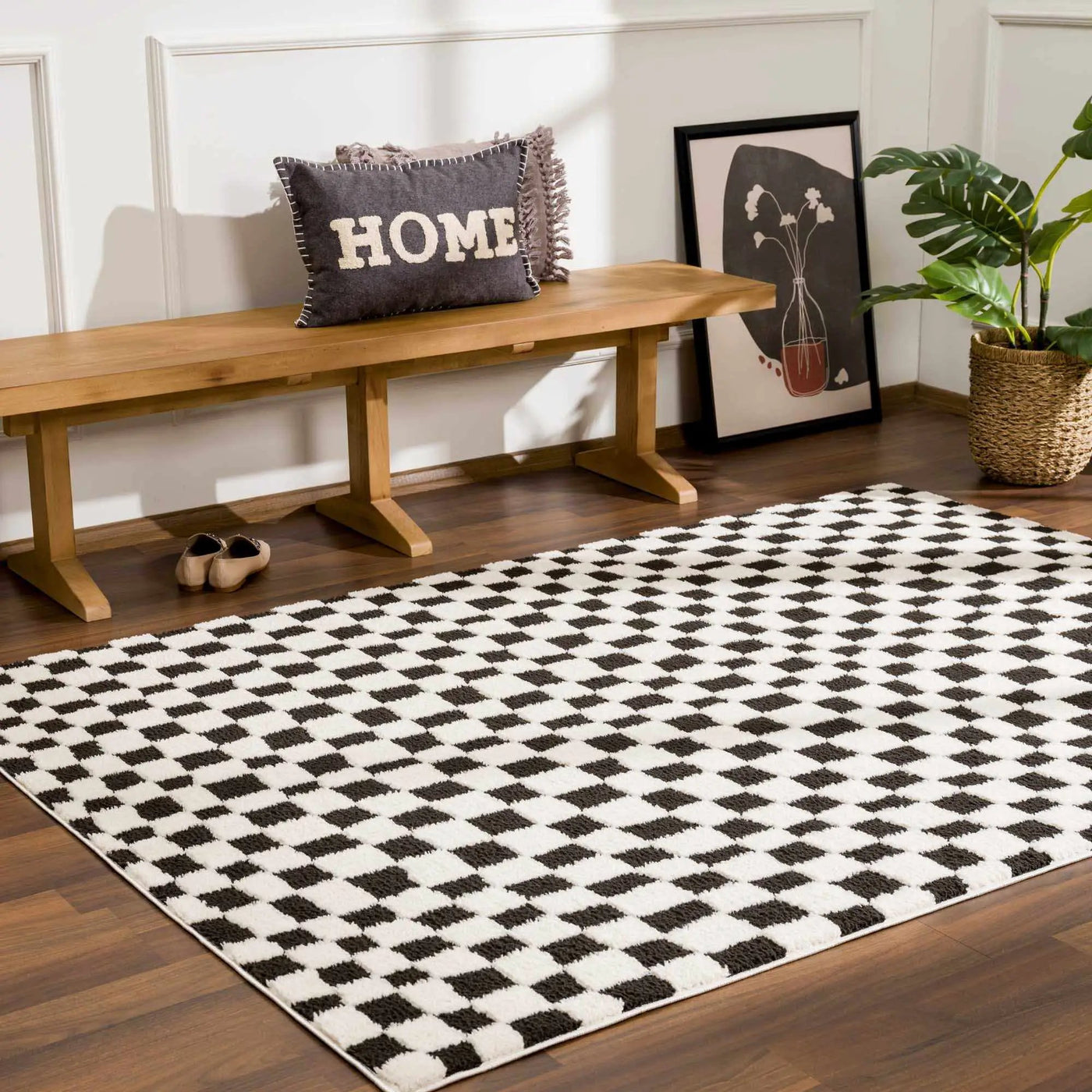 Lajos Black & White Checkered Plush Rug by Boutique Rugs