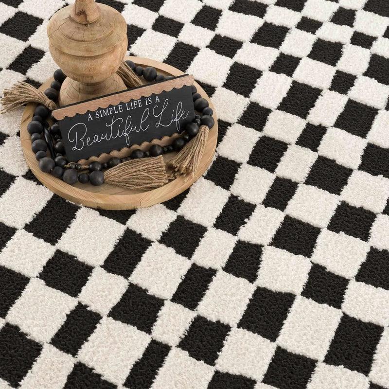 Lajos Black & White Checkered Plush Rug by Boutique Rugs