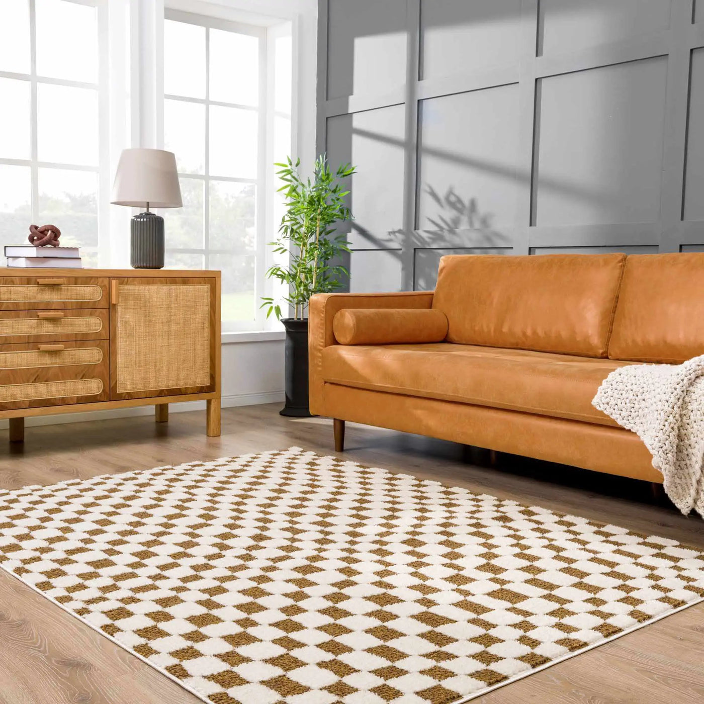 Lajos Brown Checkered Shag Rug - Clearance by Boutique Rugs