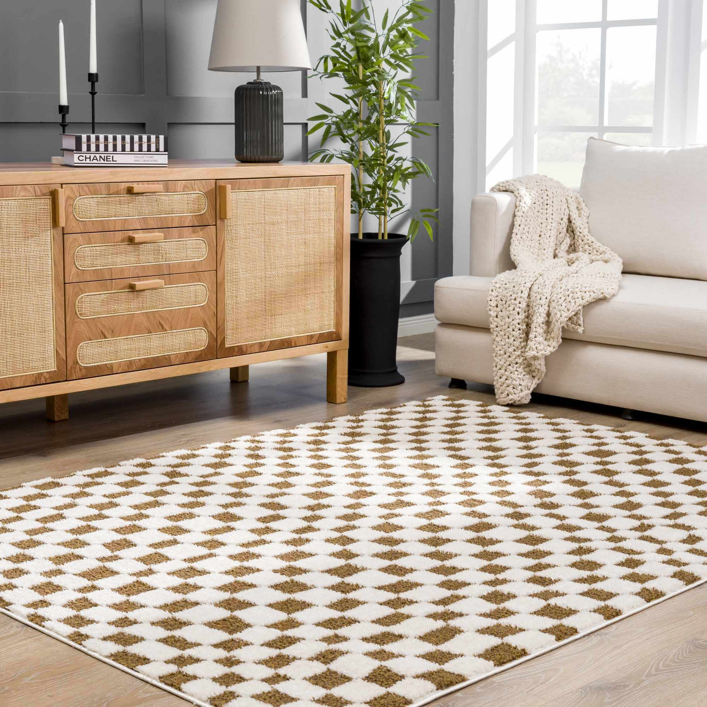 Lajos Brown Checkered Shag Rug - Clearance by Boutique Rugs