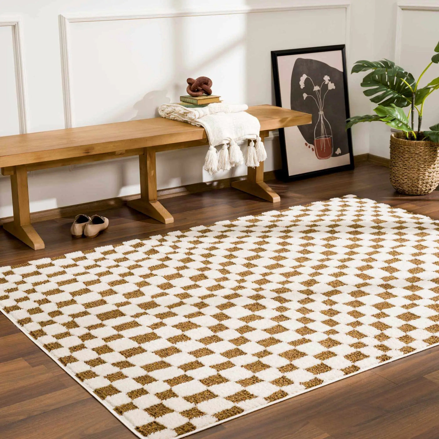 Lajos Brown Checkered Shag Rug - Clearance by Boutique Rugs