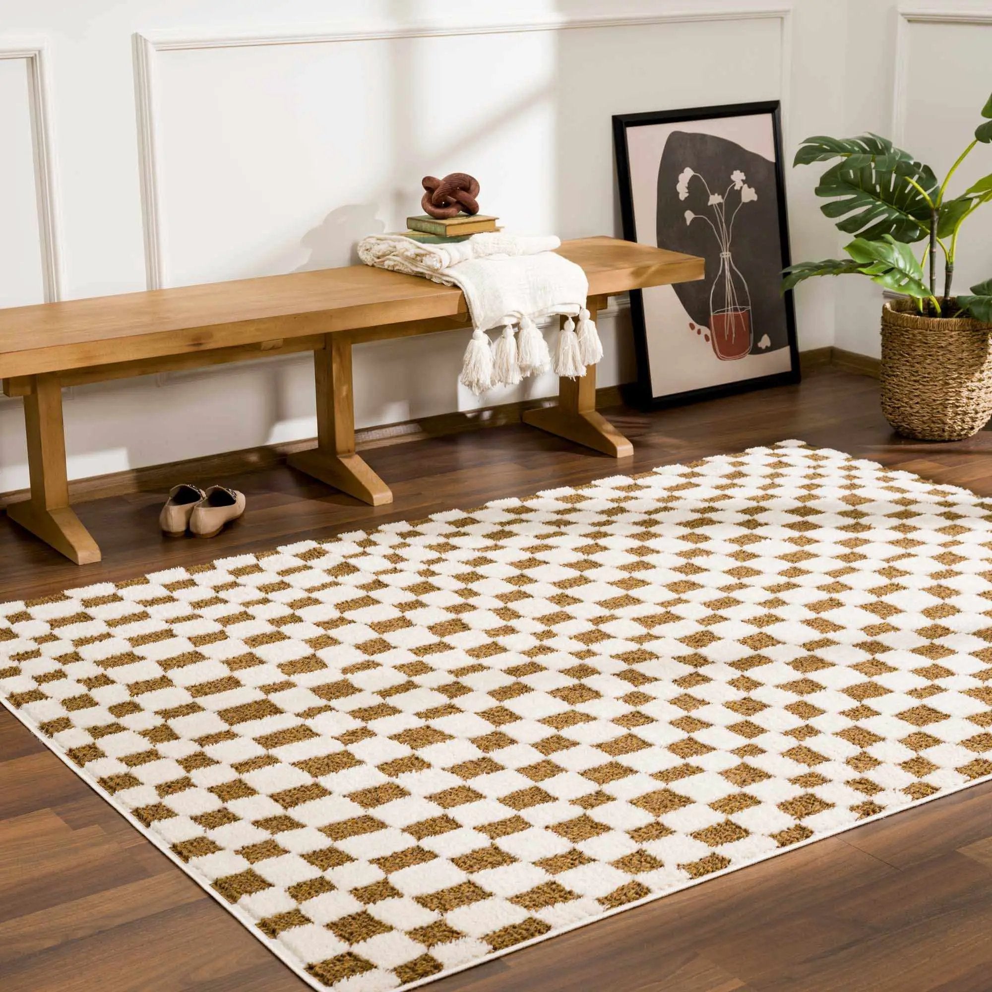 Lajos Brown Checkered Shag Rug - Clearance by Boutique Rugs