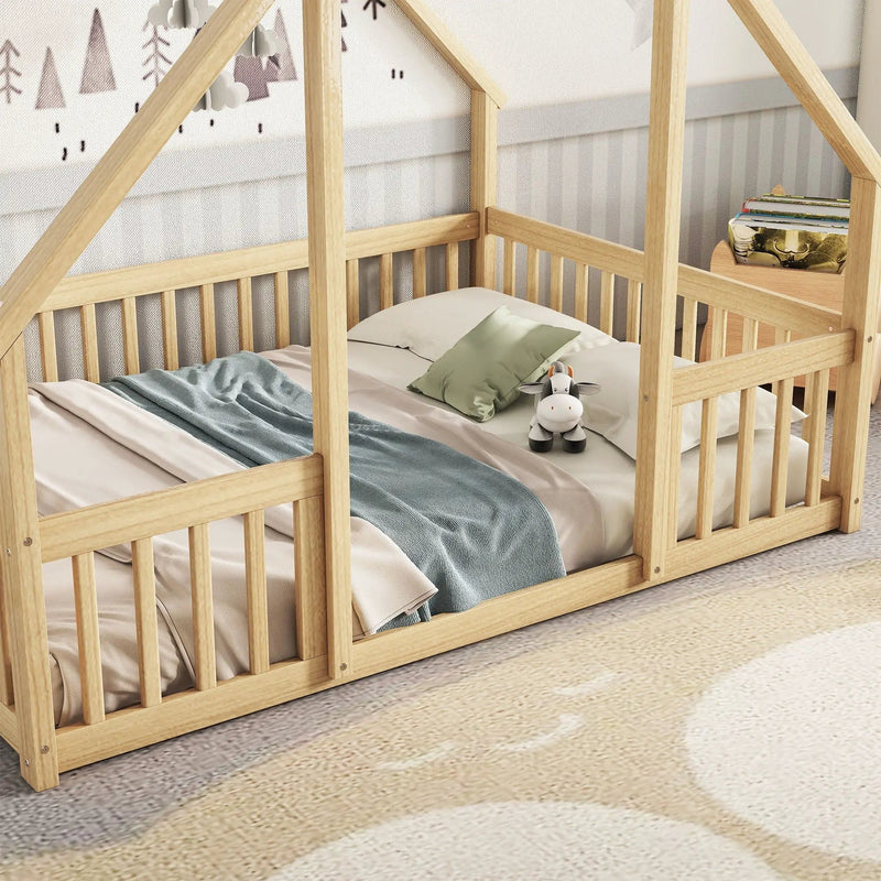 Wood House-Shaped Floor Bed With Fence, Guardrails by Unique Piece Furniture