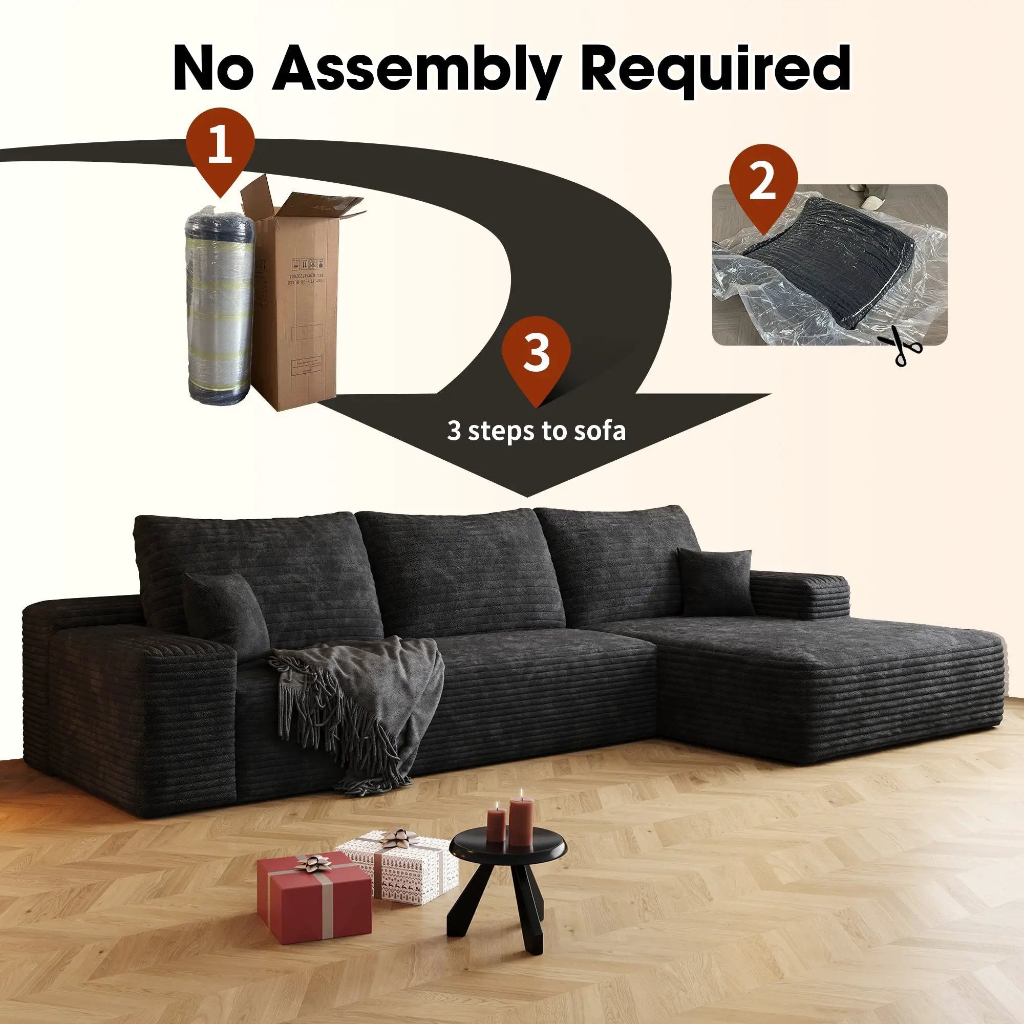 107" Cloud Sectional Couch with L-Shape Chaise, Black Plush Corduroy by HouseOfZazla