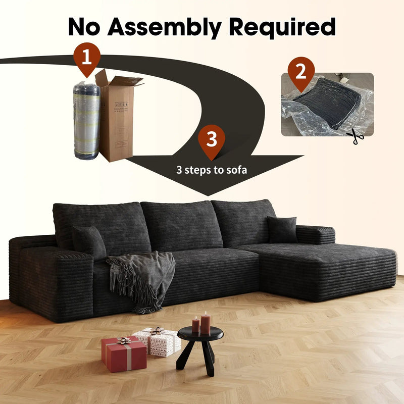 107" Cloud Sectional Couch with L-Shape Chaise, Black Plush Corduroy by HouseOfZazla