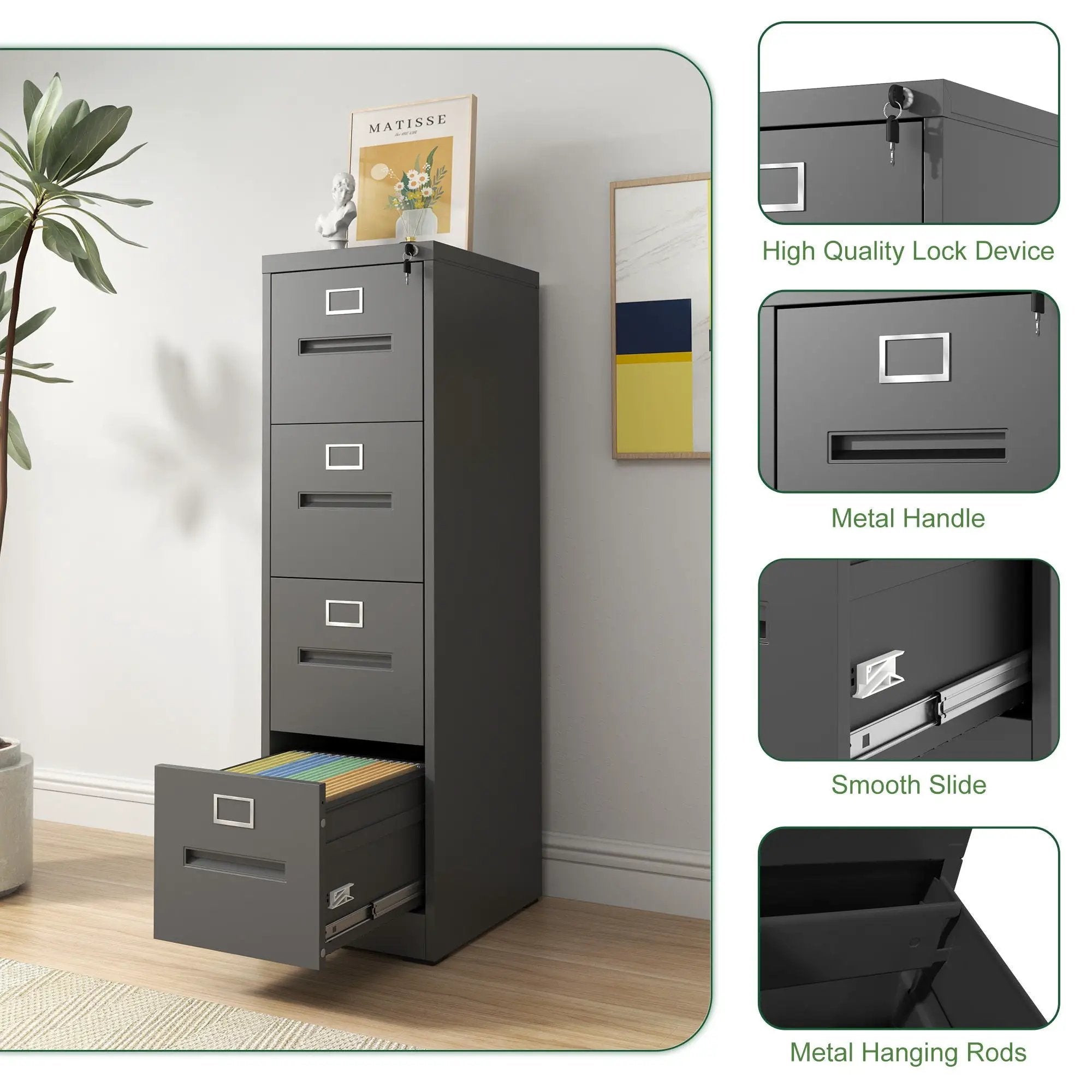 Premium Drawer File Cabinet With Lock, Metal Vertical Design, A4 Legal / Letter Size by Unique Piece Furniture