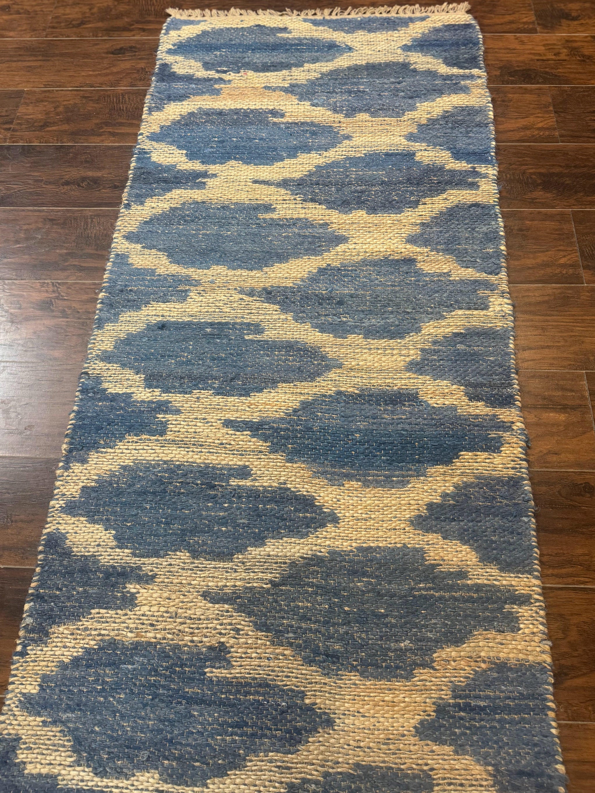 Modern Jute Runner Rug 2.9 x 7.9, Beige and Blue, Handwoven, Kaleen Rug by Jewel Rugs