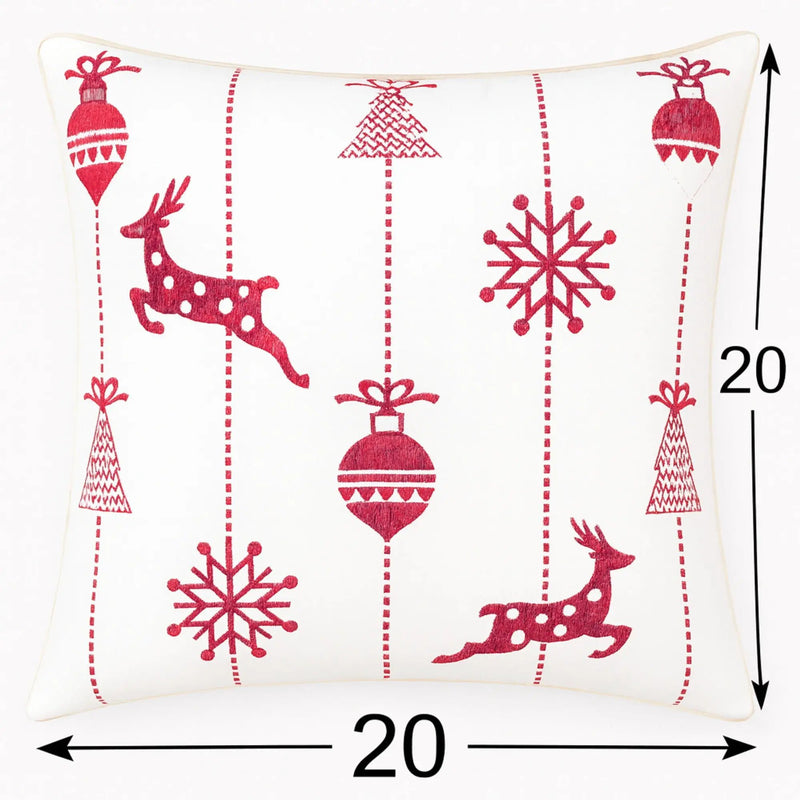 Christmas Throw Pillow With Embroidered Reindeer And Snowflakes - White by HouseOfZazla