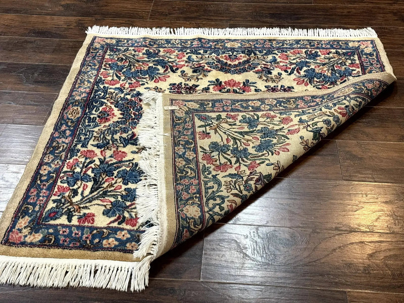 Square Persian Kerman Rug 4x4, Ivory Blue Pink, Handmade, Fine 225 KPSI by Jewel Rugs