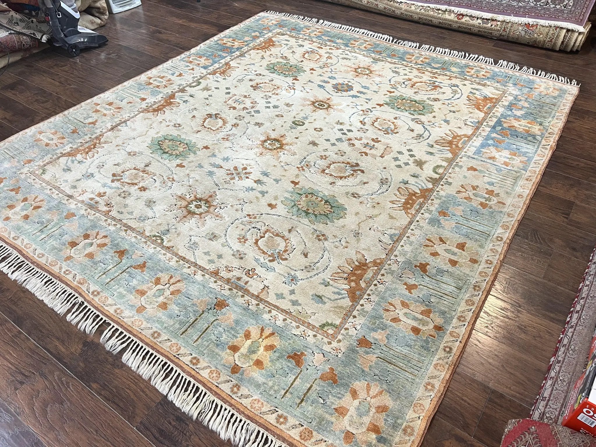 Turkish Oushak Rug 9x10, Farmhouse Rug, Beige & Light Blue by Jewel Rugs