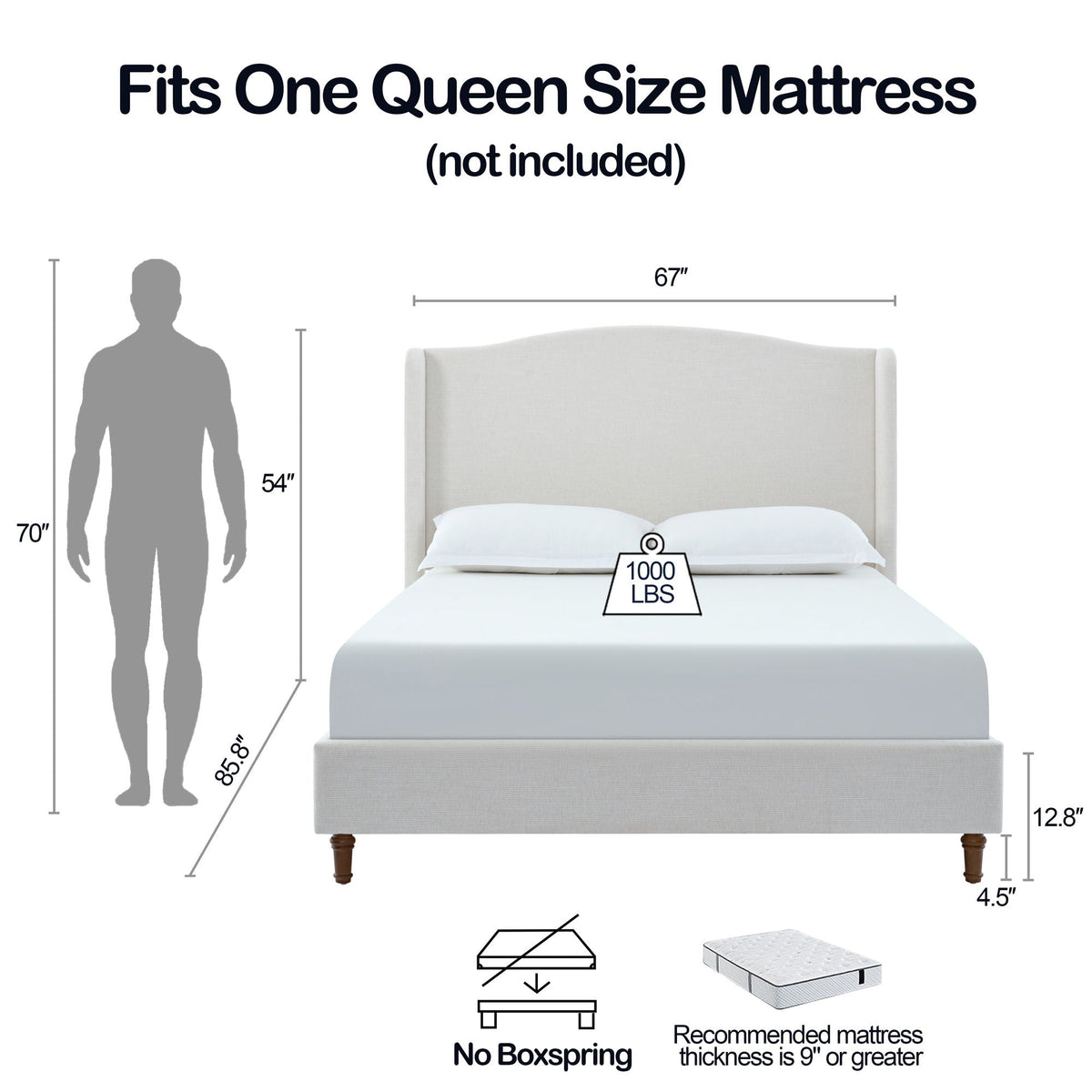 Beige Upholstered Wingback Bed with Tall Headboard – King or Queen, photo 4 of 4