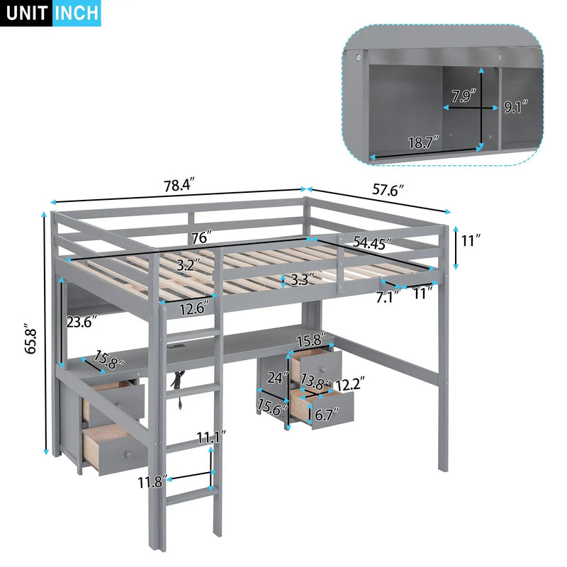 Loft Bed With Desk, Cabinets, Drawers, Charging Station And Bedside Tray by Unique Piece Furniture