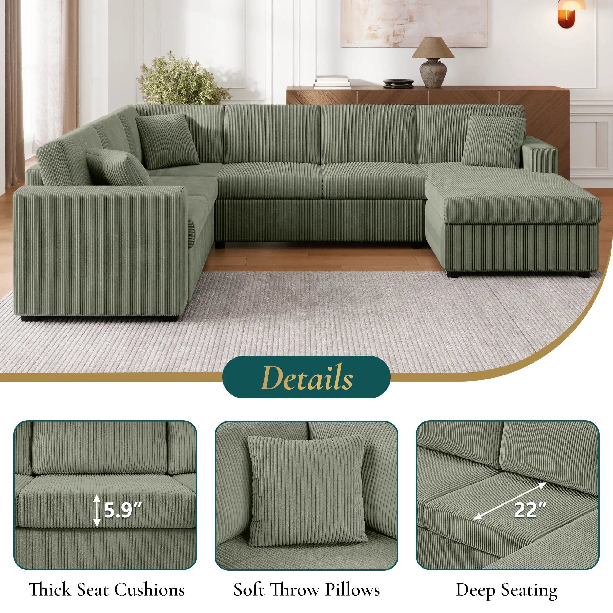 Oversized Sectional U-Shaped Sofa With Chaise Lounge And Three Soft Throw Pillows by Unique Piece Furniture