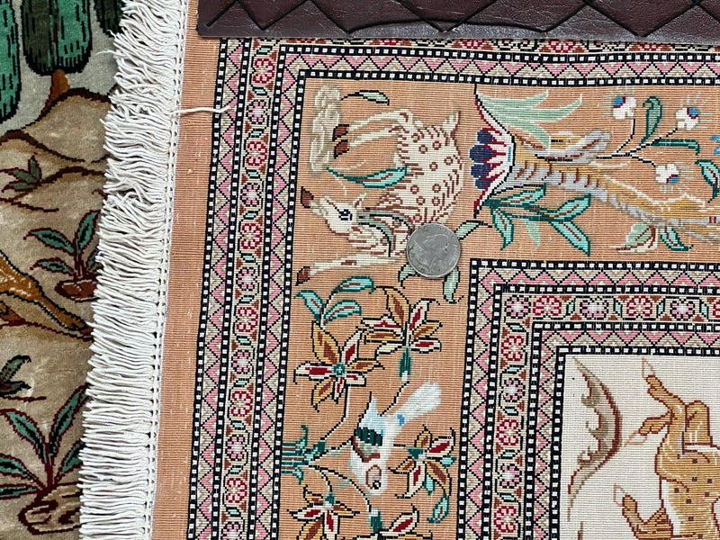 Silk Persian Qum Rug 3x5, Hunting Pattern, Handmade Vintage Carpet, Signed by Master Weaver, Horsemen Pictorials, Super Fine 650 KPSI by Jewel Rugs