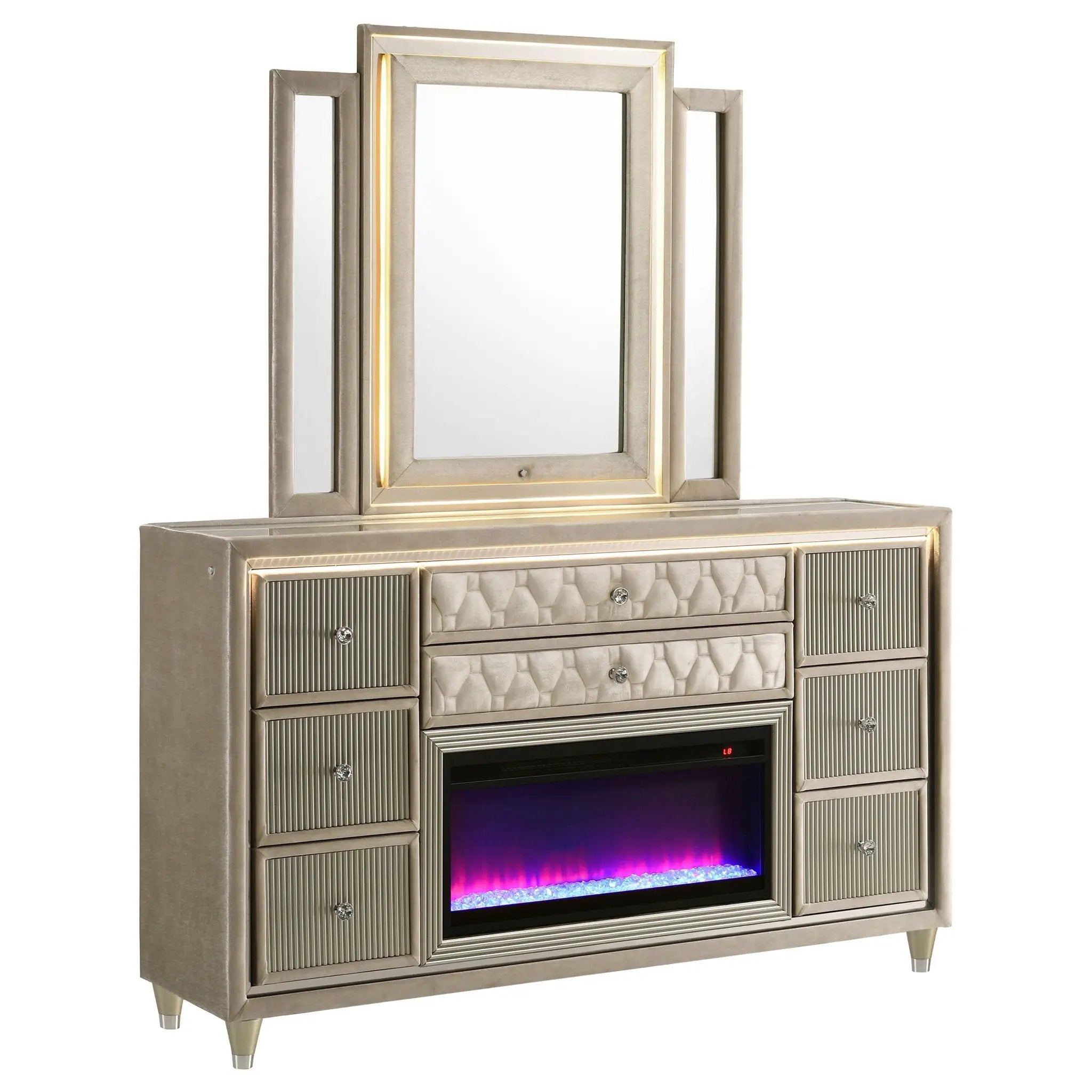 Lorient 8-drawer LED Flame Box Dresser and Mirror Ivory Camel by Unique Piece Furniture