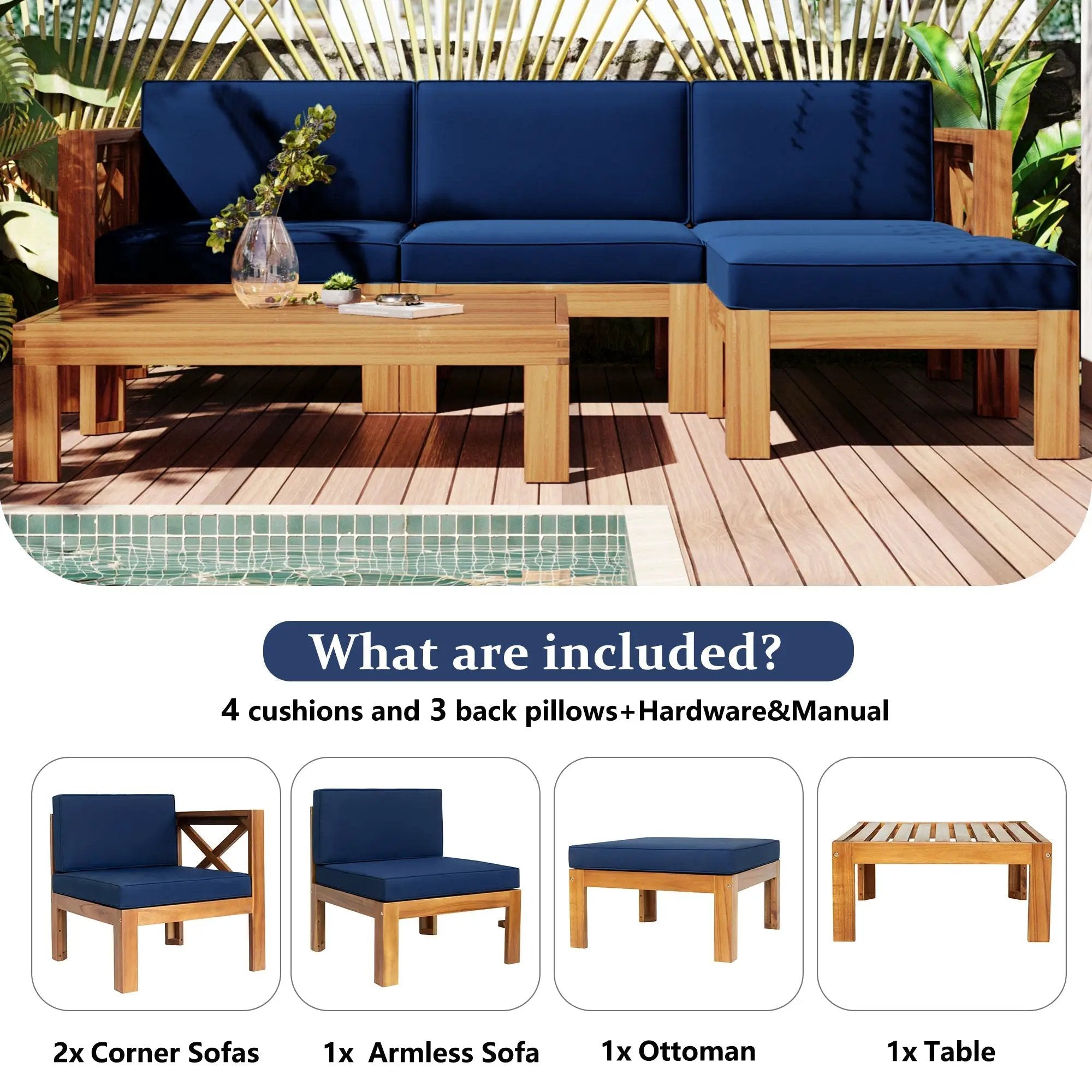 TOPMAX Outdoor 5-Piece Wood Sectional Patio Sofa Set with Blue Cushions by HouseOfZazla