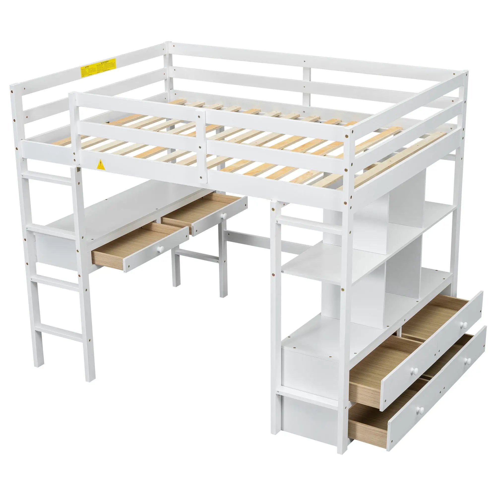 Full Size Loft Bed With Built In Desk, 2 Drawers, Storage Shelves - White by HouseOfZazla