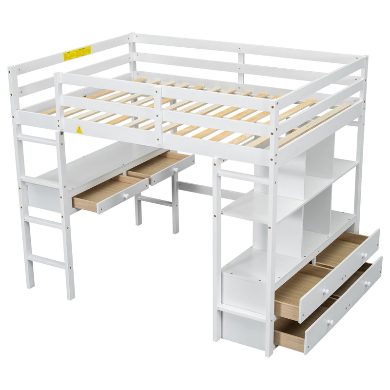 Full Size Loft Bed With Built In Desk, 2 Drawers, Storage Shelves - White by HouseOfZazla