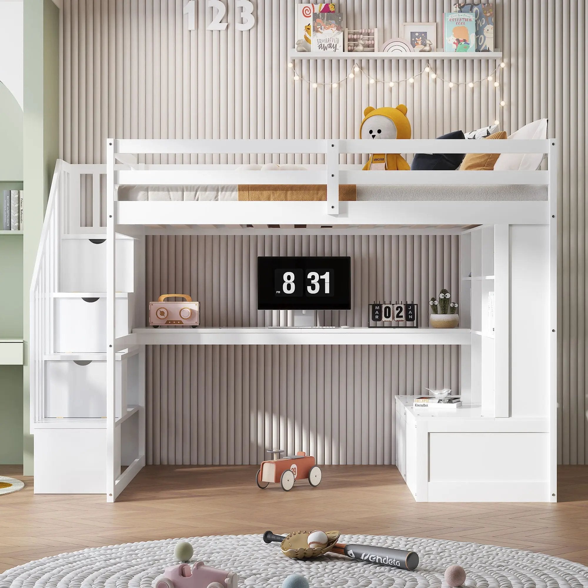 Full Size Loft Bed With Desk And Shelves, 2 Built In Drawers, Storage Staircase - White by HouseOfZazla