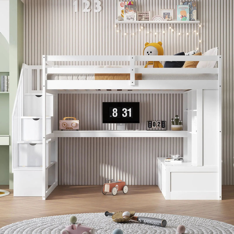 Full Size Loft Bed With Desk And Shelves, 2 Built In Drawers, Storage Staircase - White by HouseOfZazla