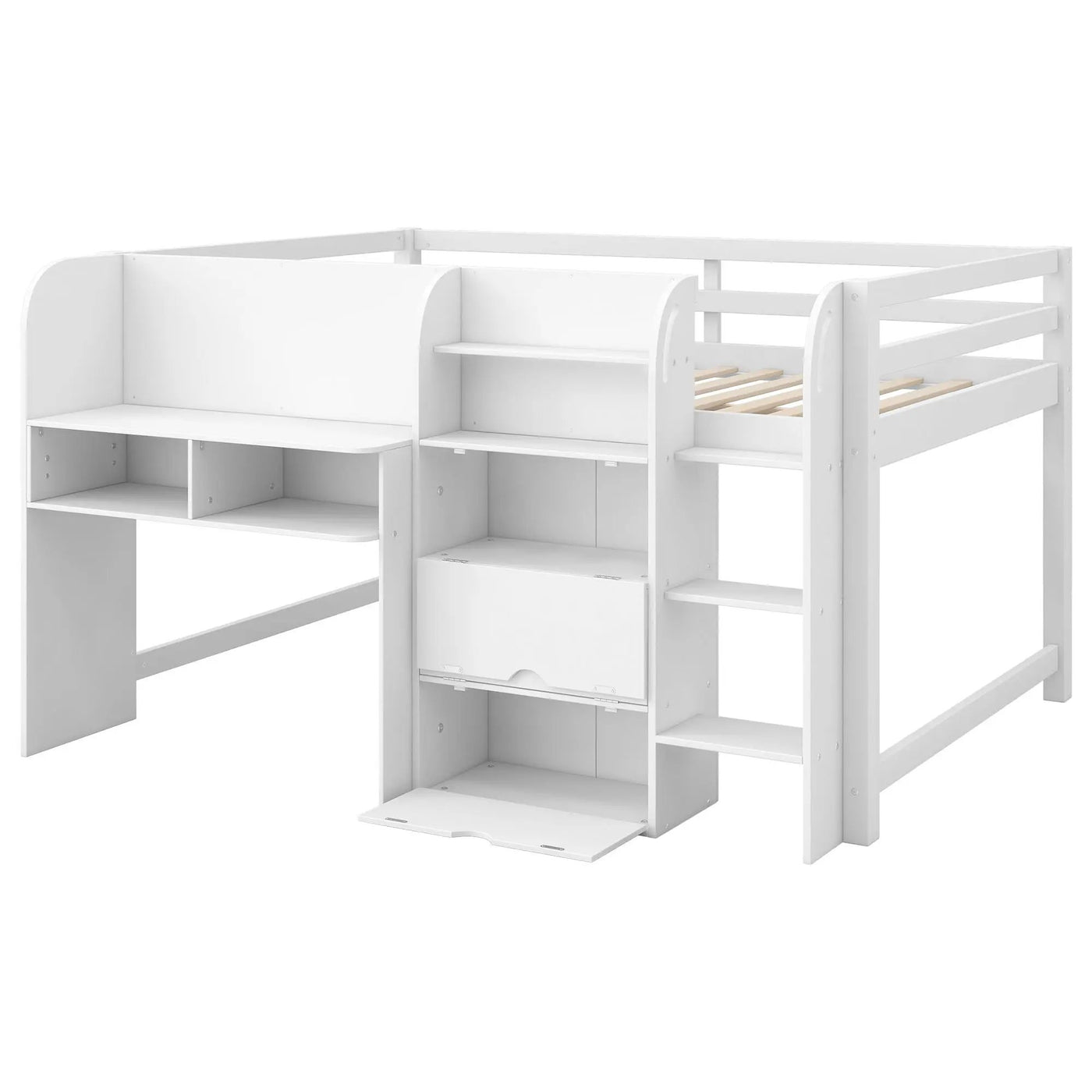 Low Loft Bed With Built In Desk, Storage Cabinets, Open Bookcase And Doodle board by HouseOfZazla