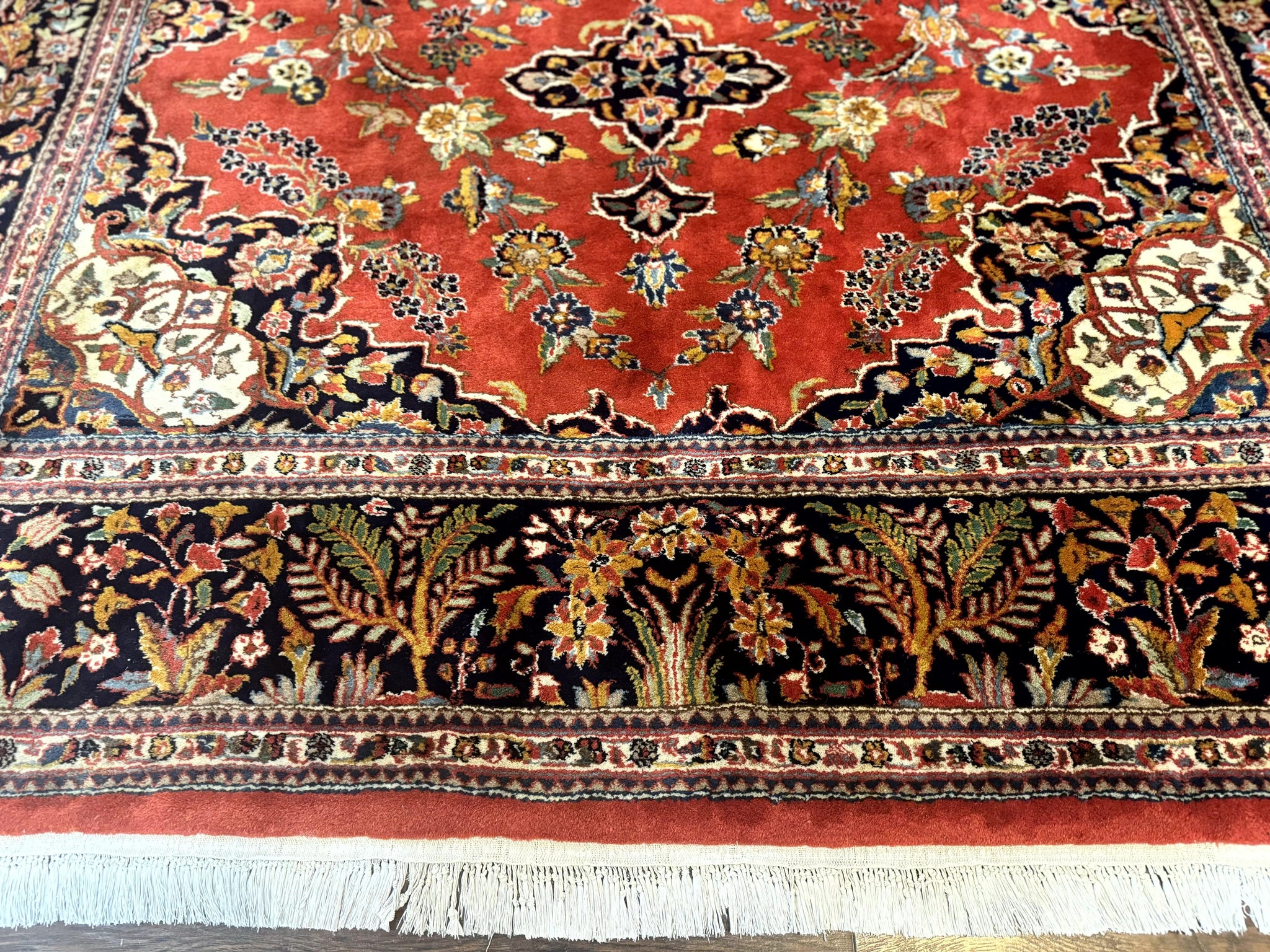 Indo Persian Rug 7x10, Vintage Handmade Wool Carpet, Floral Medallion Traditional Rug, Red and Midnight Blue by Jewel Rugs