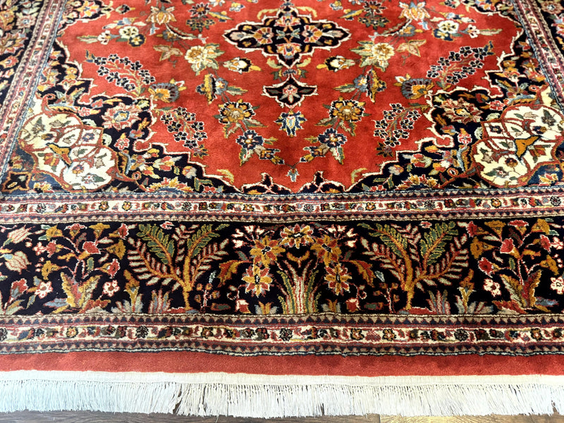 Indo Persian Rug 7x10, Vintage Handmade Wool Carpet, Floral Medallion Traditional Rug, Red and Midnight Blue by Jewel Rugs