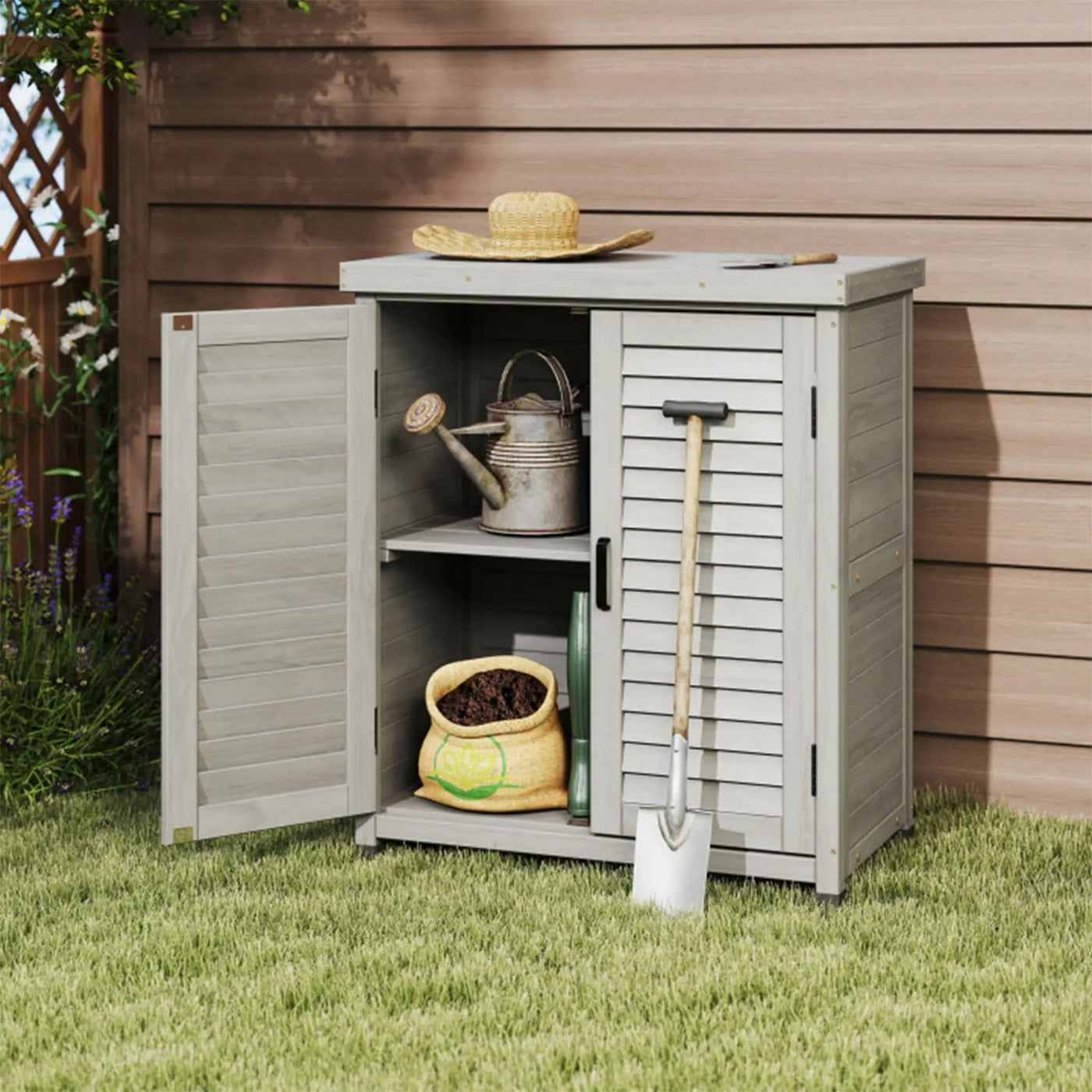 Potting Bench With Storage Cabinet And Metal Table Top For Outdoor by HouseOfZazla