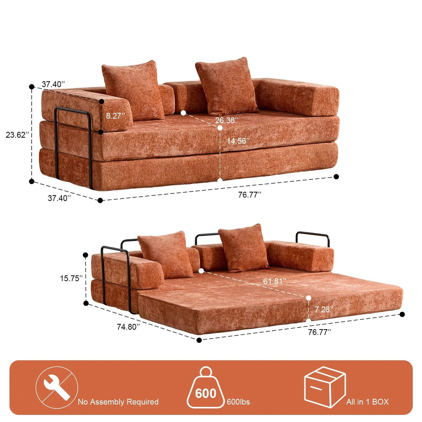 Convertible Floor Sofa Bed With Pillow Back Support Armrest by HouseOfZazla