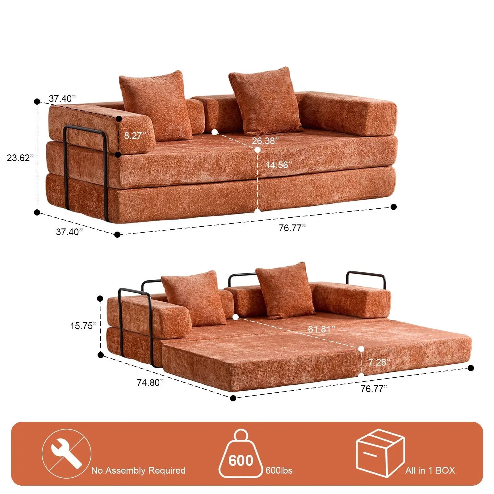 Convertible Floor Sofa Bed With Pillow Back Support Armrest by Unique Piece Furniture
