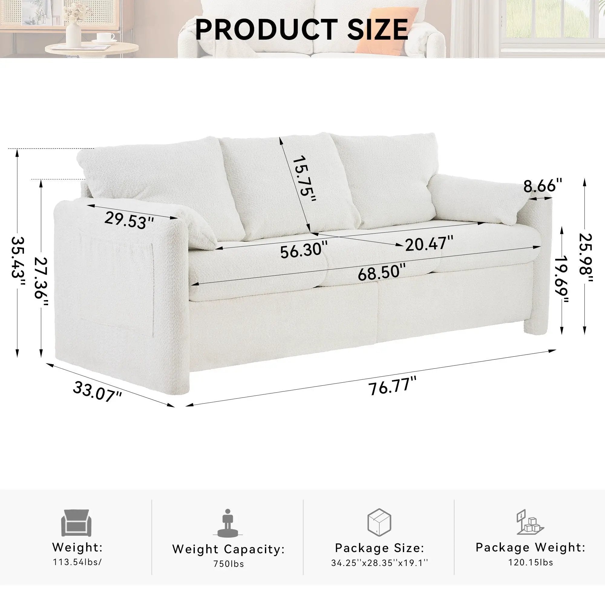 Modern 3 Seater Sofa Chenille Couch Plush Triple Seater Sofa With High Density Foam Cushions, Deep Seat Living Room Couch For Family Room, Apartment & Home Theater - Ivory White by Unique Piece Furniture