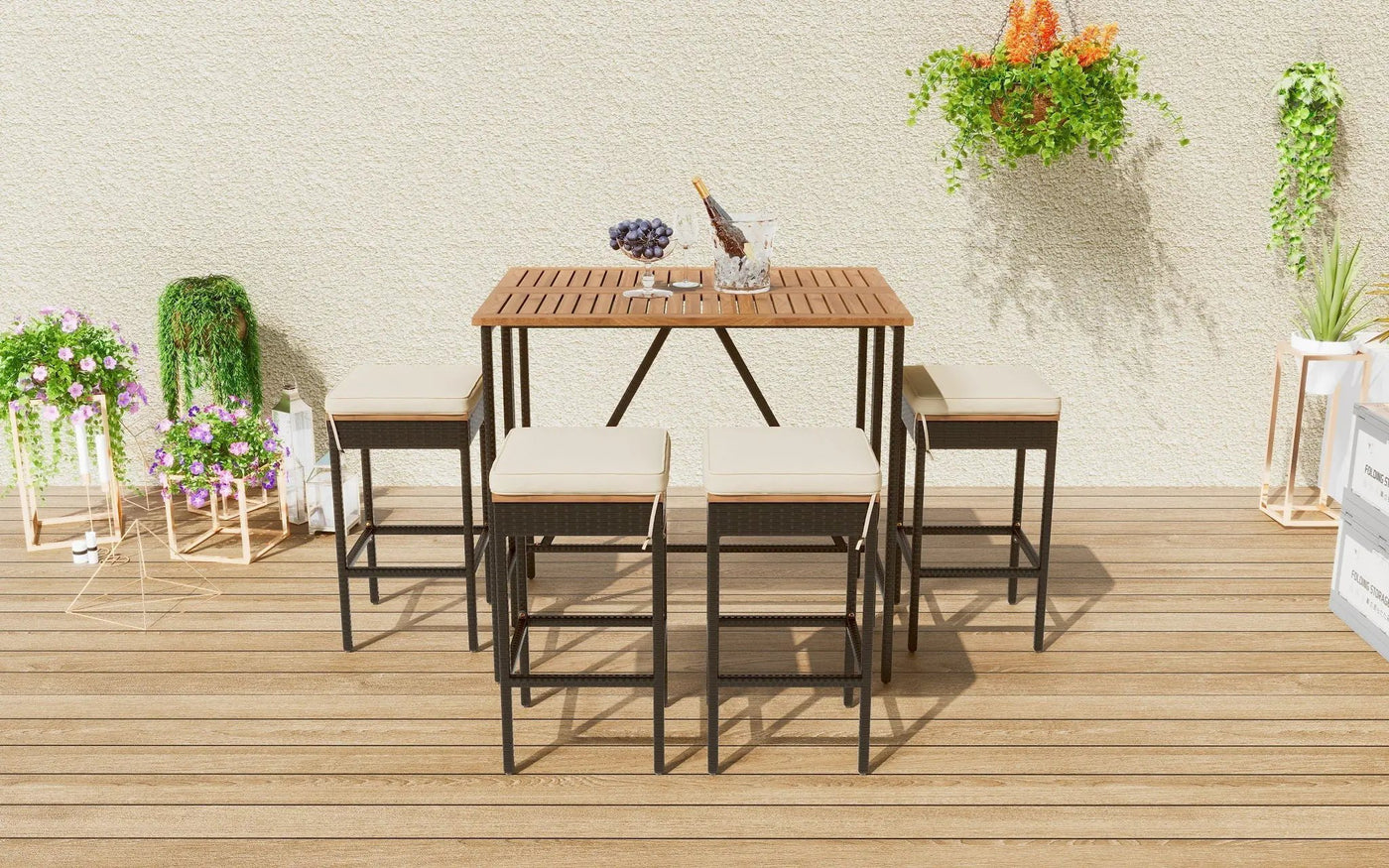 Outdoor Acacia Wood Bar Height Table and Eight Stools with Cushions by HouseOfZazla