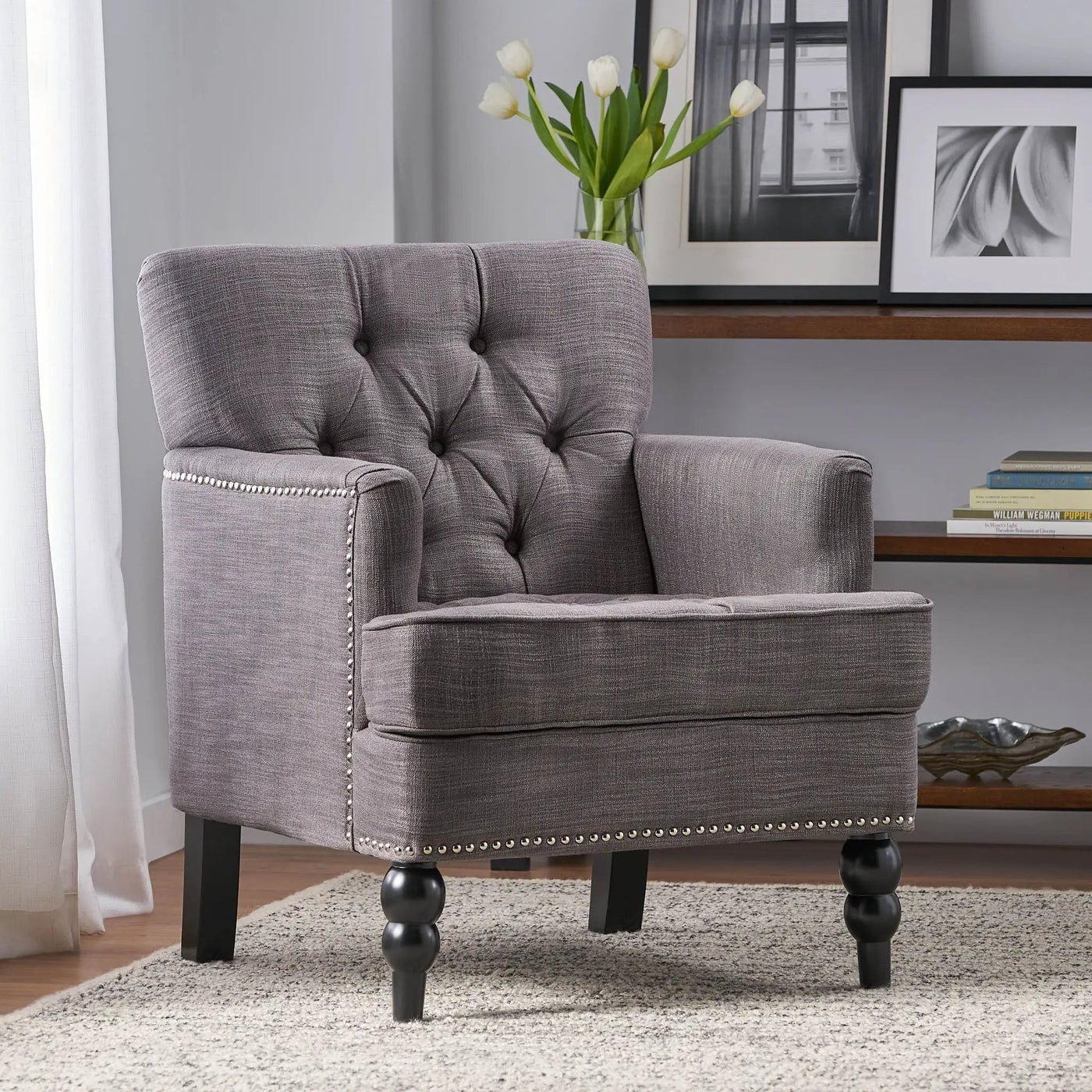 Harrison Tufted Club Chair with Button Tufted Back and Birch Wood Legs by HouseOfZazla