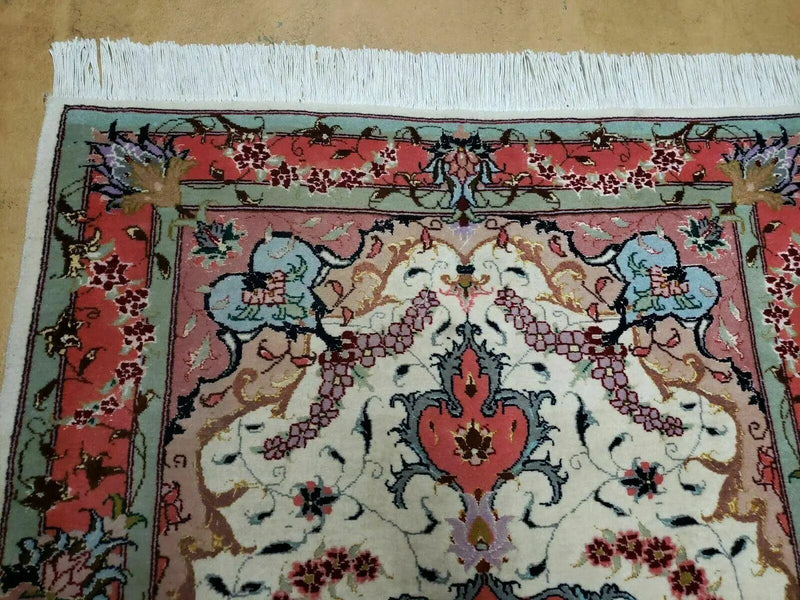 Small Vintage Persian Tabriz Wool and Silk Rug 2.5 x 4 ft, Very Finely Hand Knotted, Medallion, Ivory Salmon Light Blue, Top Quality, Pair B by Jewel Rugs