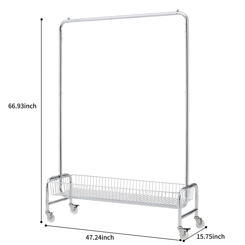 Heavy Duty Iron Garment Rack With Basket On Wheels - Silver by HouseOfZazla