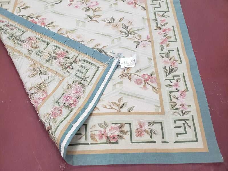 Vintage Aubusson Area Rug, Aubusson Flat weave Carpet, Floral Geometric Pattern, Beige Teal Green, 4x6 Rug, European Design by Jewel Rugs