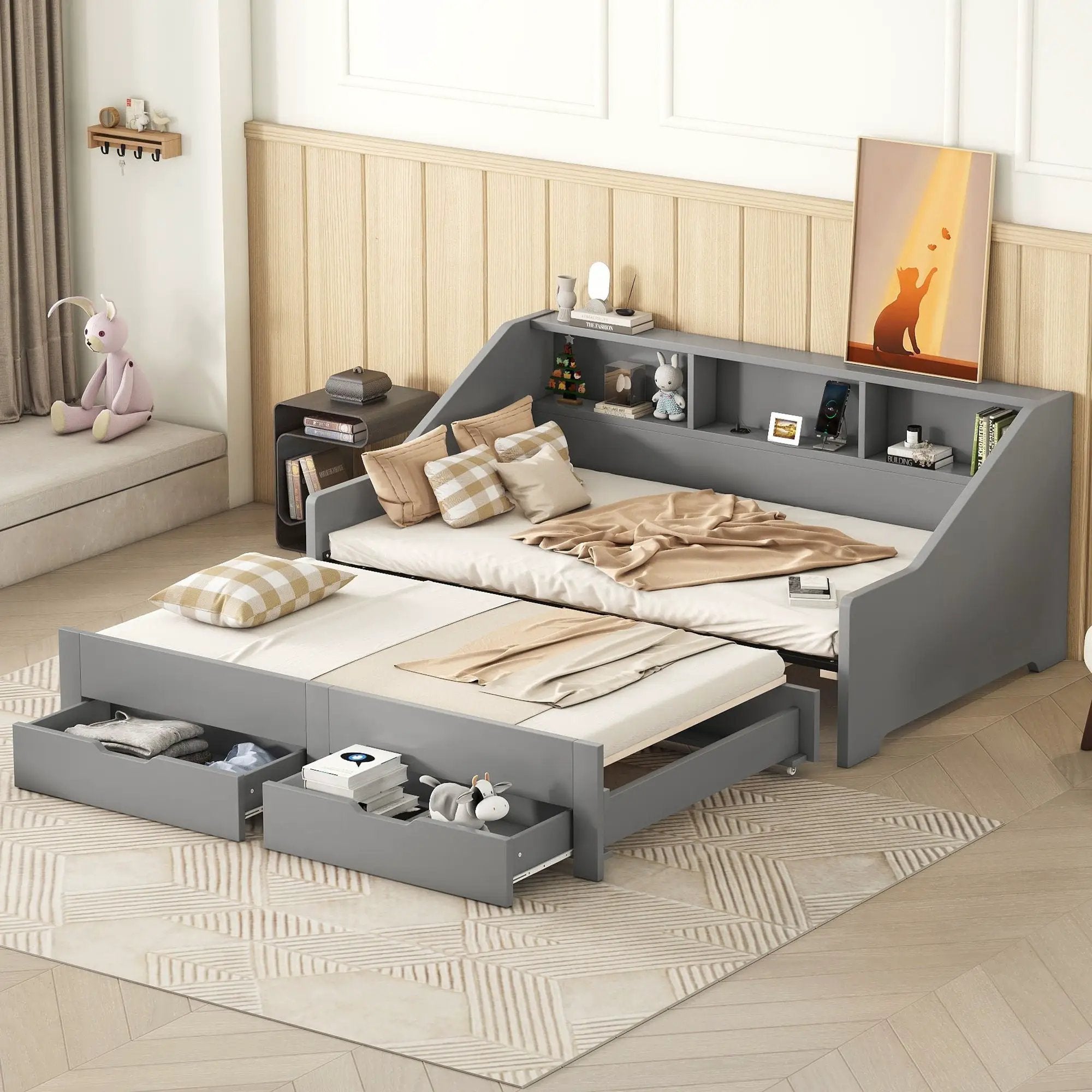 Daybed Frame With Storage Bookcases, 2 Drawers, Charging Station by Unique Piece Furniture