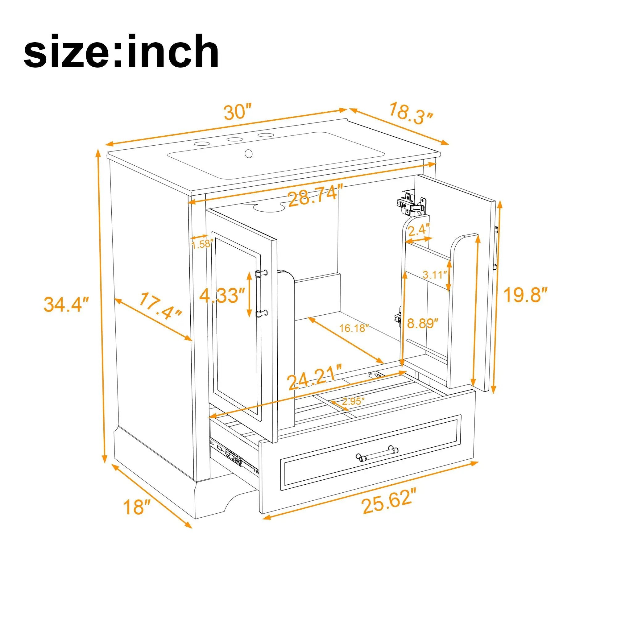 Bathroom Vanity With Sink, 1 Divided Drawer And 2 Soft Close Doors With Double Shelf by Unique Piece Furniture