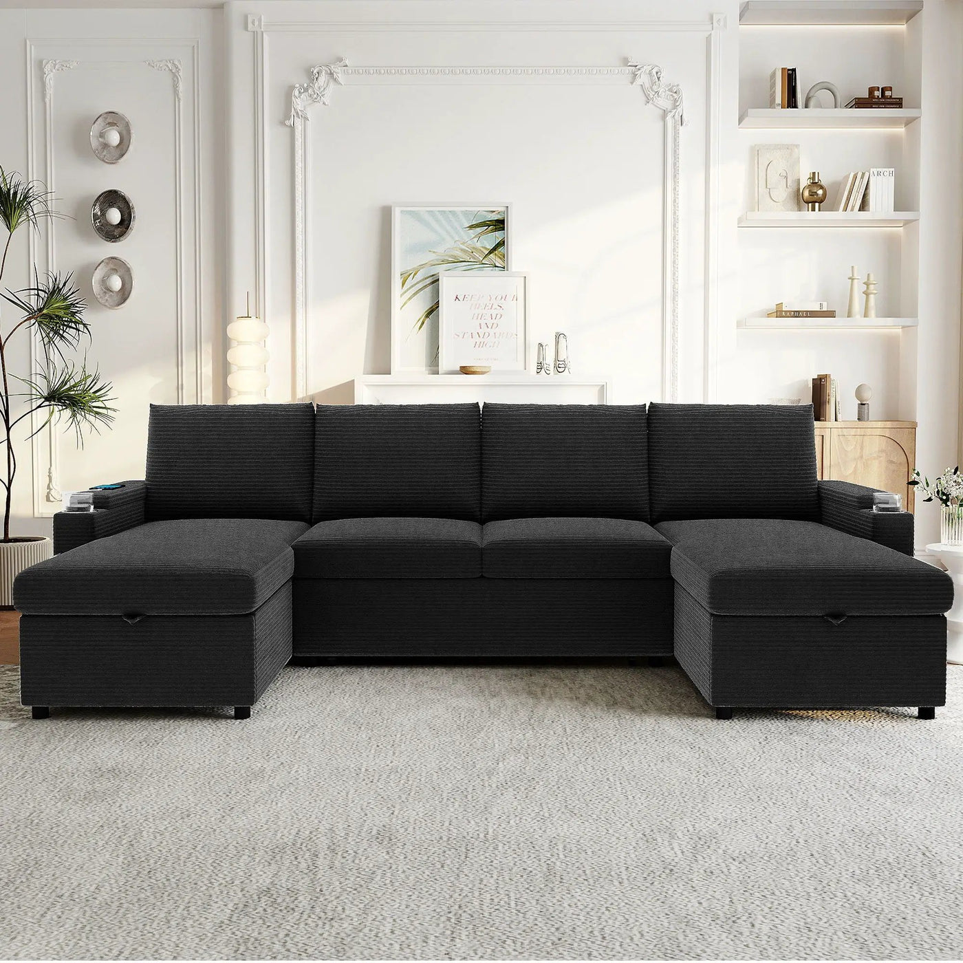 U Shaped Sectional Sofa Bed With Storage Chaise Lounges, USB Ports, And Cup Holders by Unique Piece Furniture