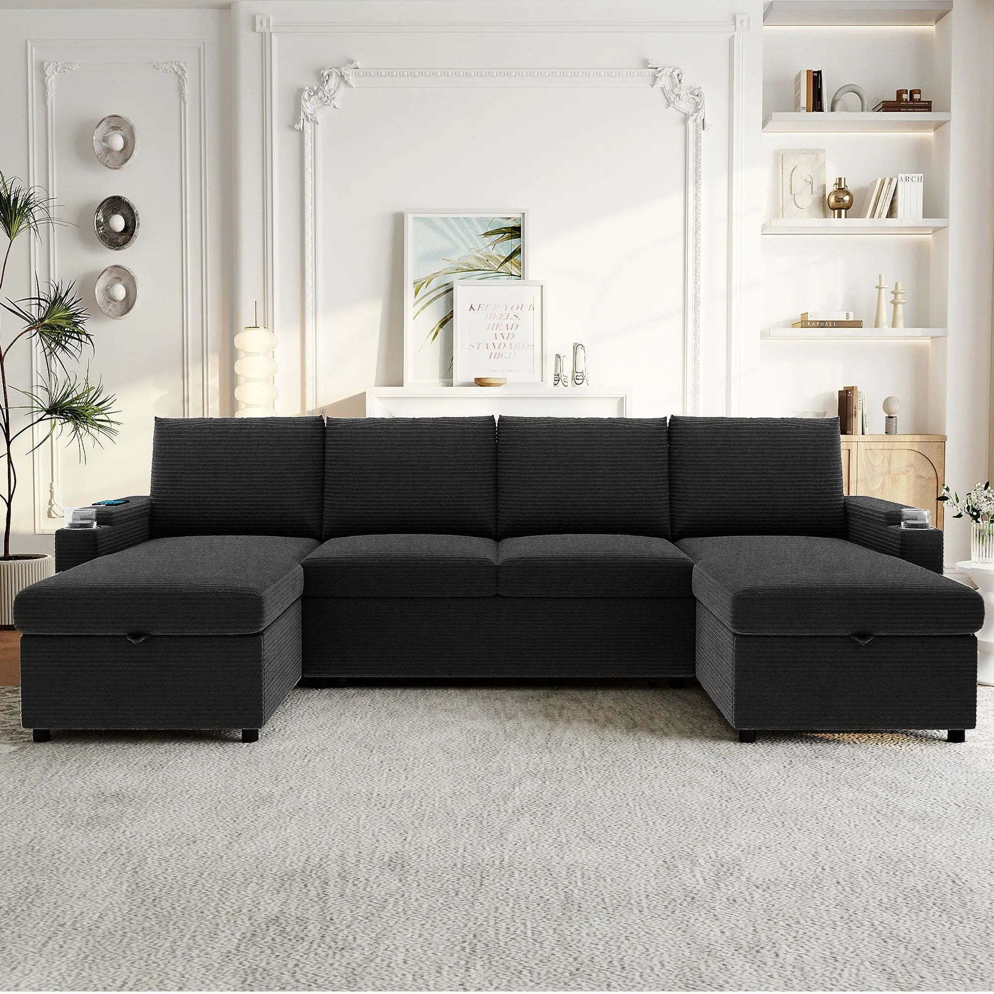U Shaped Sectional Sofa Bed With Storage Chaise Lounges, USB Ports, And Cup Holders by HouseOfZazla