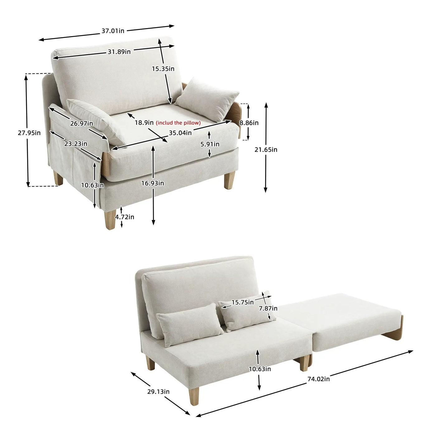 Mid Century Modern Foldable Sofa Bed, 3 In 1 Convertible Sleeper With 3 Pillows by Unique Piece Furniture