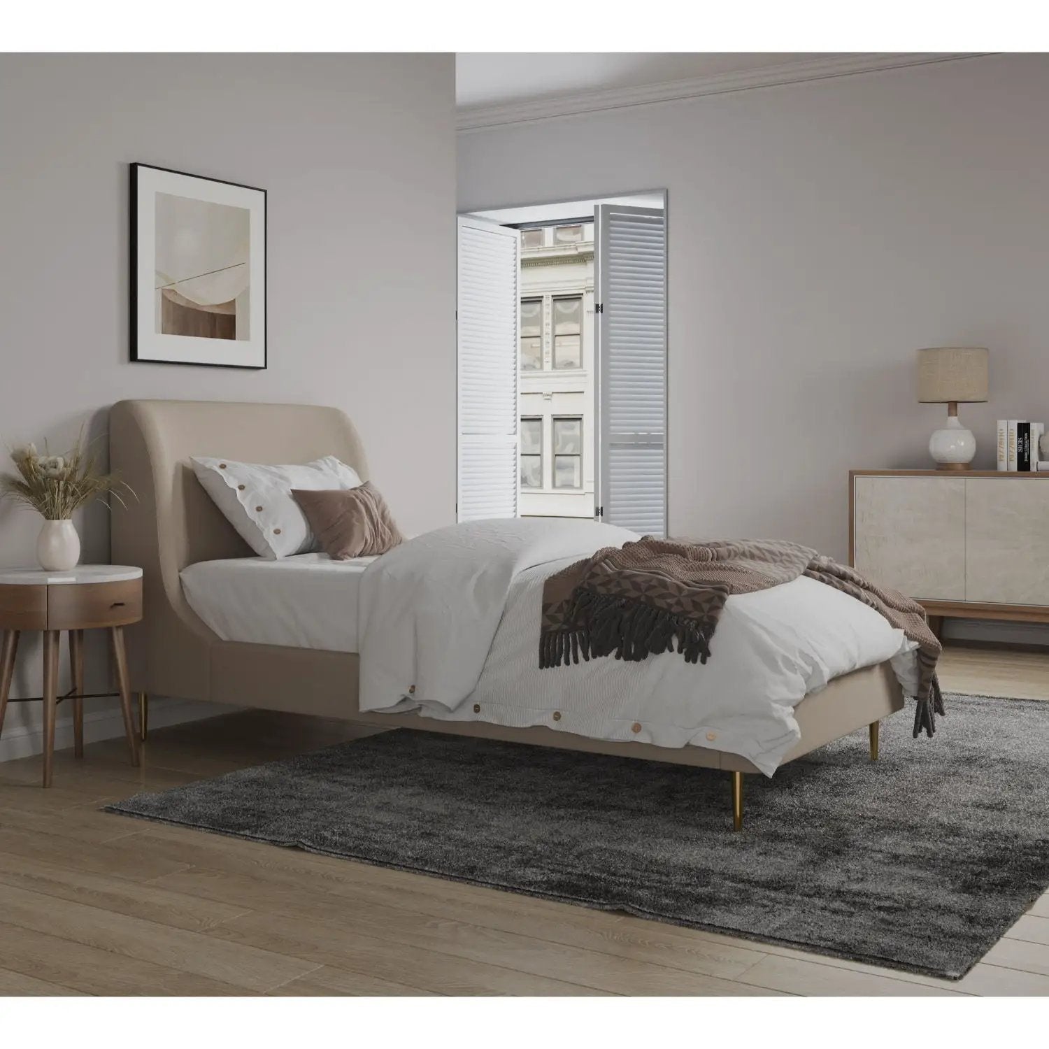 Mid-Century Modern Upholstered Bed With Curved Headboard