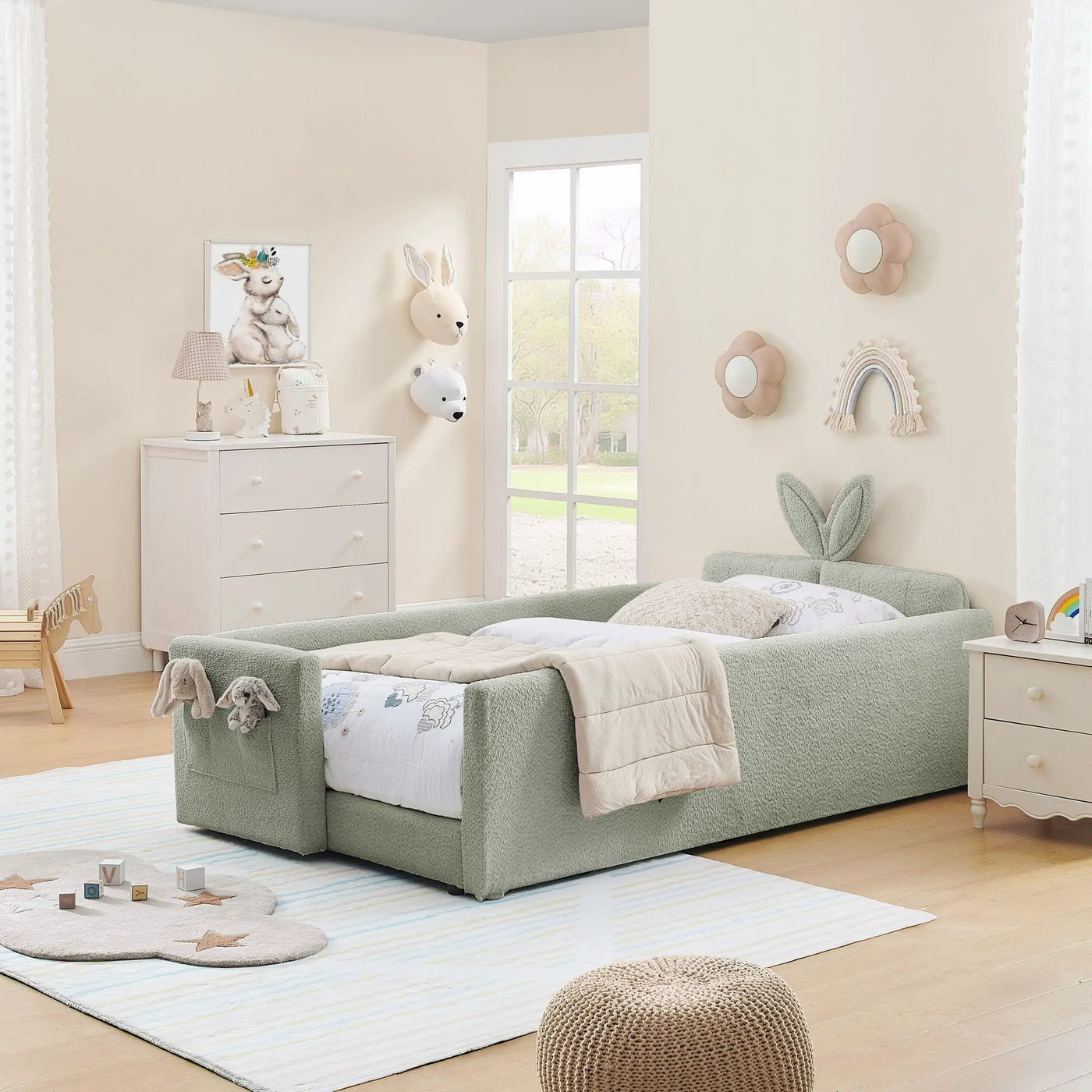 Cute Rabbit Ear Upholstered Platform Bed Frame With Safety Rail by HouseOfZazla