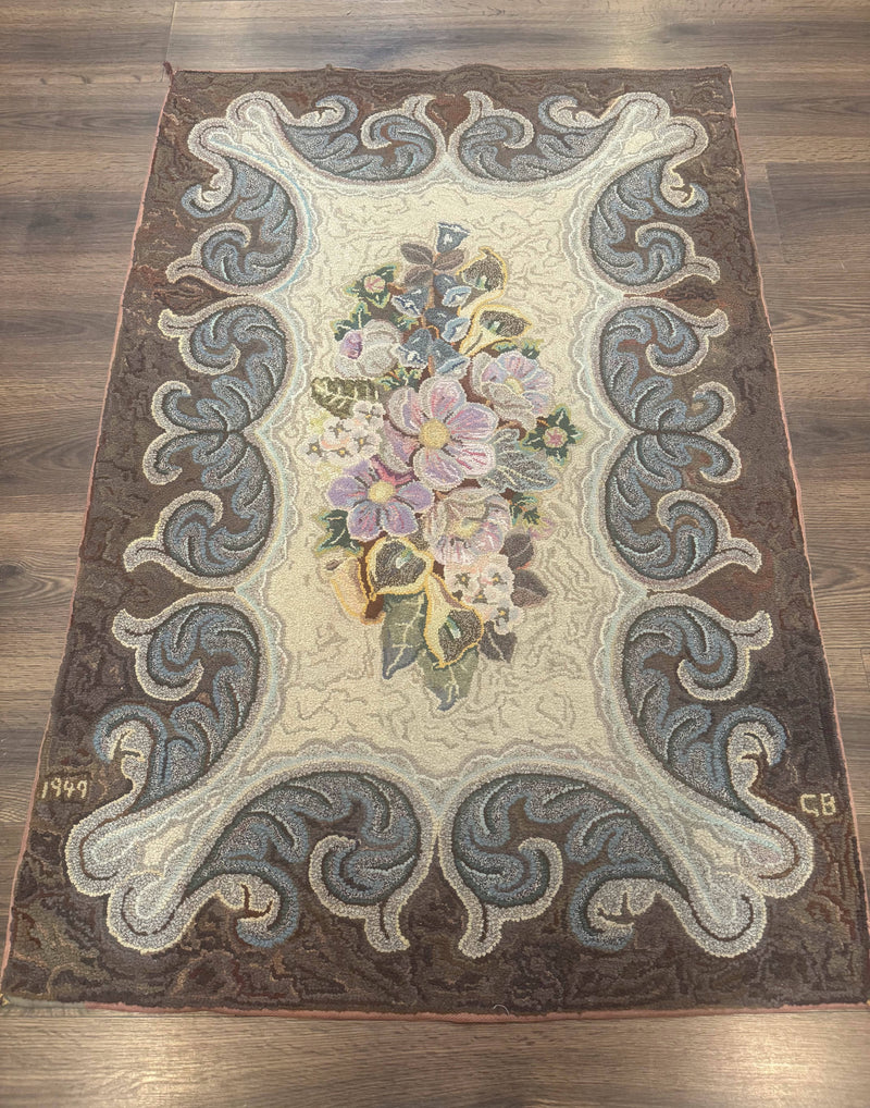 Antique American Hooked Rug 3 x 4.6, Vintage, Floral by Jewel Rugs