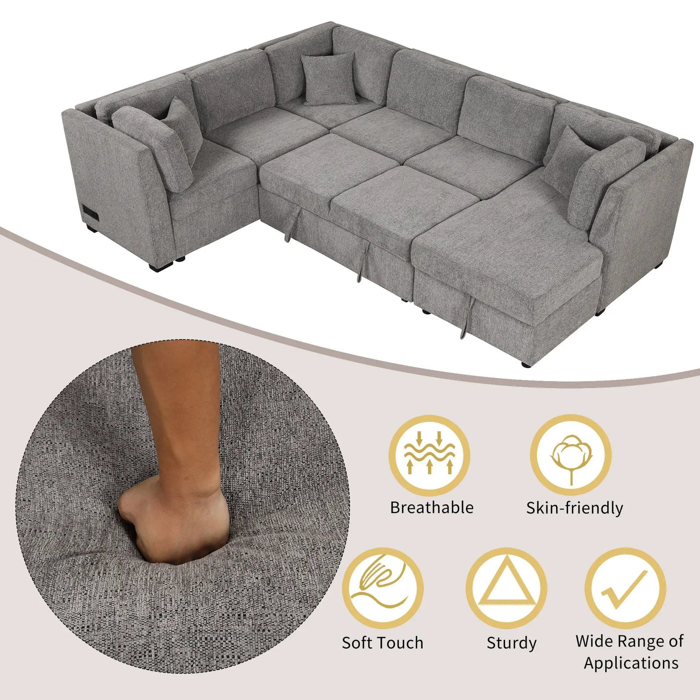 U-Shaped Sectional Sofa Pull Out Sofa Bed With Two USB Ports, Two Power Sockets, Three Back Pillows And A Storage Chaise For Living Room by Unique Piece Furniture
