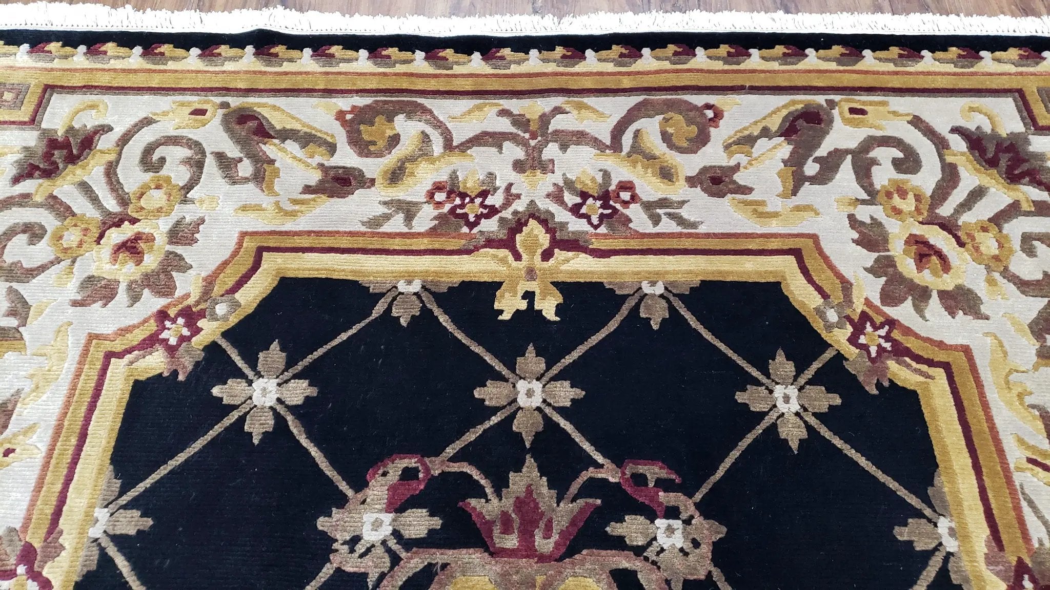 6x9 Nepalese Rug, Aubusson Savonnerie Area Rug 6 x 9 with Soft Pile, Hand-Knotted Wool Black & Beige Tibetan New Carpet European Design by Jewel Rugs