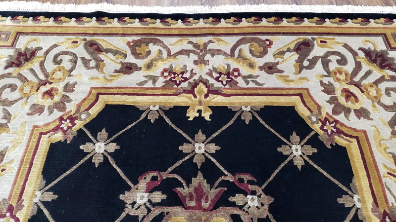 6x9 Nepalese Rug, Aubusson Savonnerie Area Rug 6 x 9 with Soft Pile, Hand-Knotted Wool Black & Beige Tibetan New Carpet European Design by Jewel Rugs