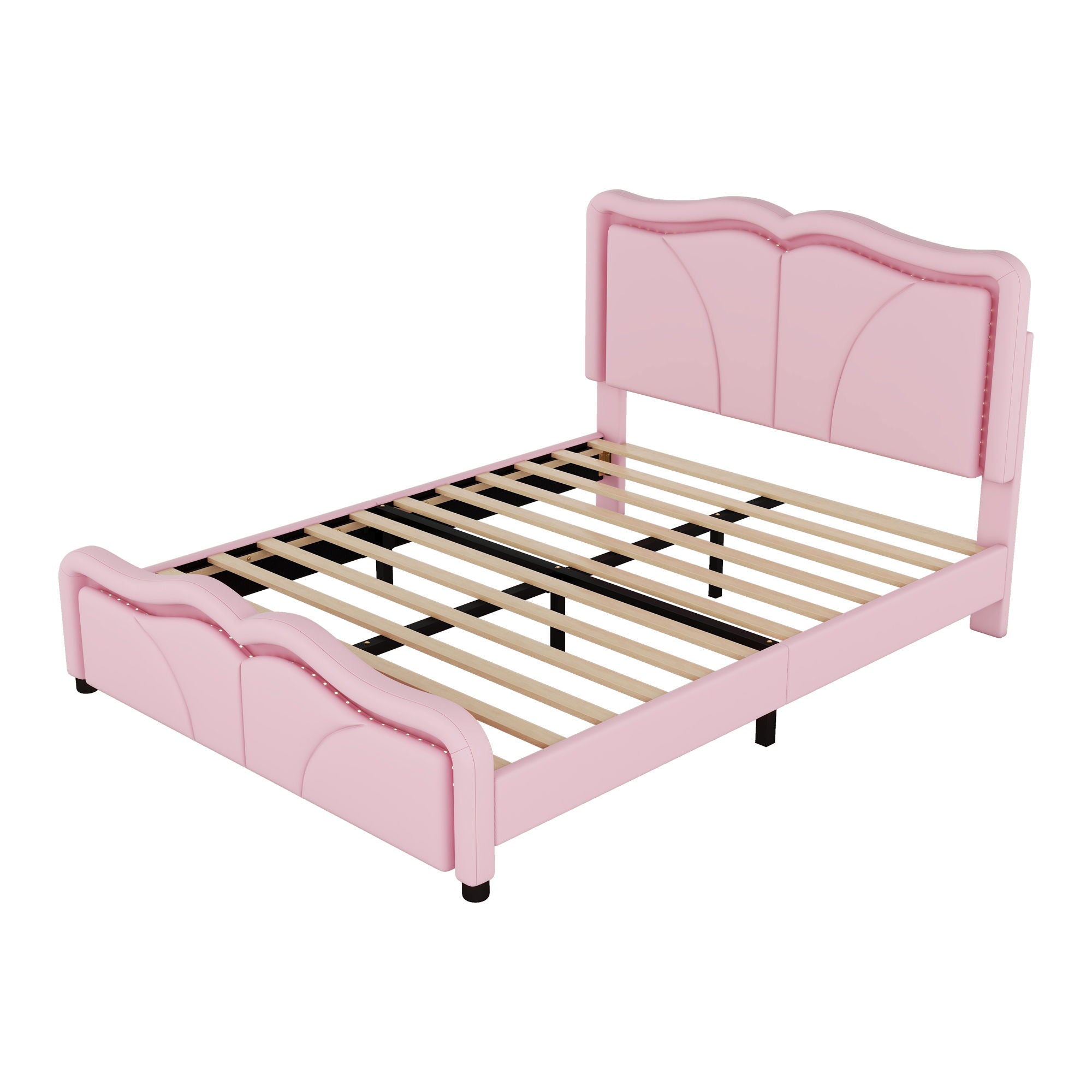Upholstered Platform Bed & Curve Shaped And Height Adjustable Headboard, LED Light Strips by HouseOfZazla
