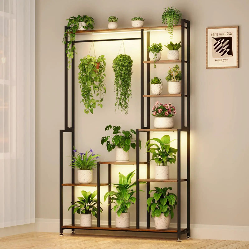 Large Plant Stand Indoor With Grow Light, Tall Plant Shelf, 8 Tiered Heavy Duty Metal Plant Stand, Square Flower Stand Display Rack For Living Room - Walnut / Black by Unique Piece Furniture
