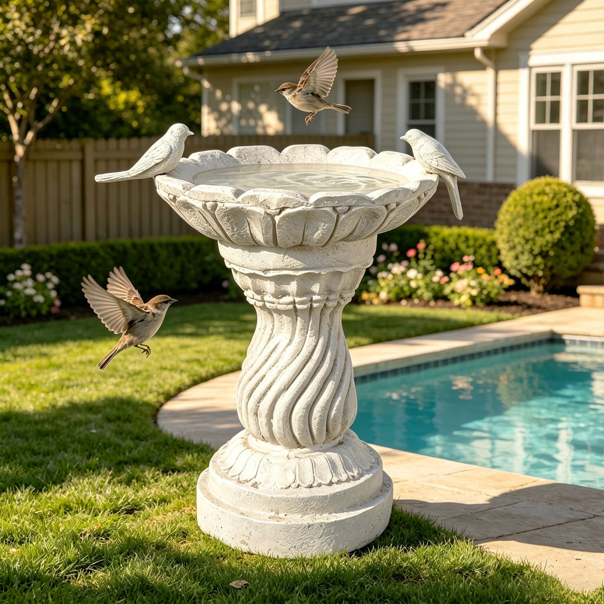 Magnesium Oxide Garden Bird Bath Statue with Twisted Pedestal - White Stone Finish, photo 10 of 10
